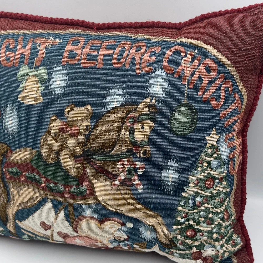 Travis Spencer Christmas Tapestry Pillow Blue Red Rocking Horse Vintage 16x12